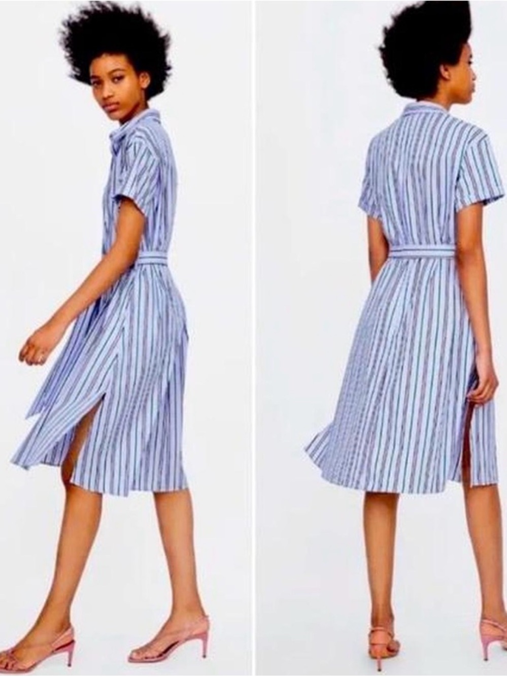 Zara Light Blue Striped Shirt Dress with pockets, belt and side slits M